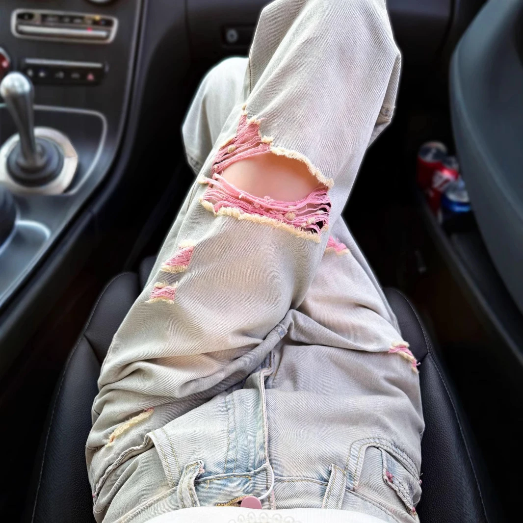 美式设计感水洗撞色百搭破洞牛仔裤女款夏季新款高腰显瘦直筒裤子