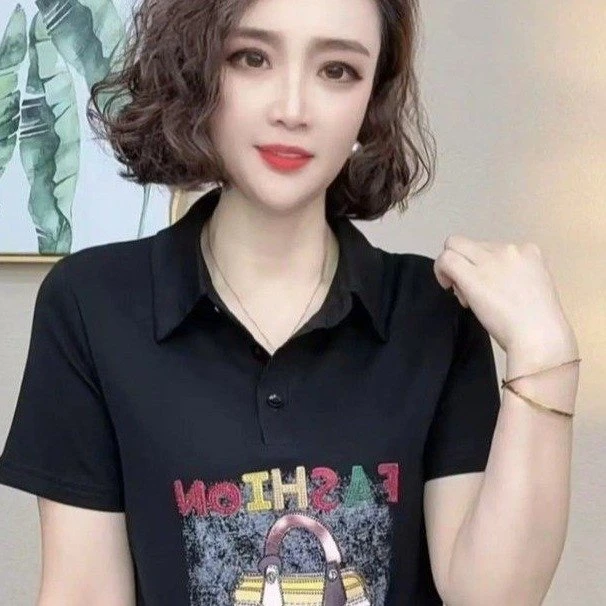 2025夏季新款时尚印花翻领纯色百搭减龄短袖T恤