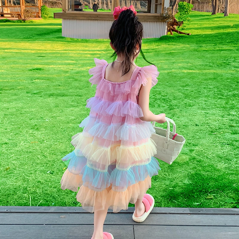 女童连衣裙夏季2025新款公主裙吊带小女孩彩虹无袖裙子儿童夏装