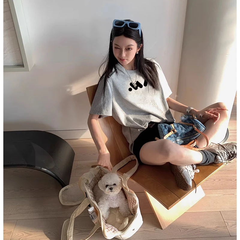 港味ins纯棉短袖t恤韩版休闲宽松大码女装夏装蝴蝶结简约字母半袖