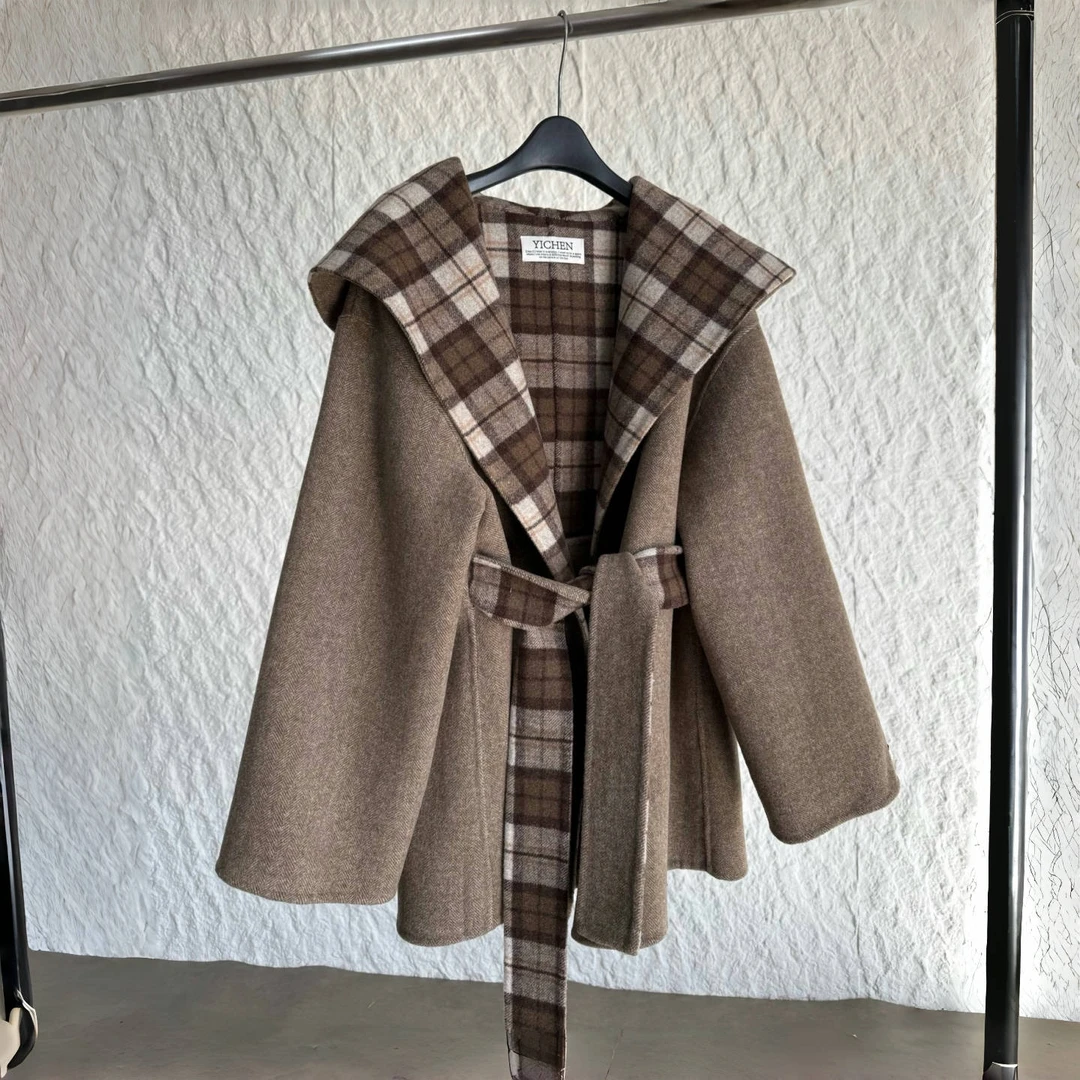秋冬新款咖色格纹双面呢大衣女韩系连帽宽松大码羊毛外套高级感冬