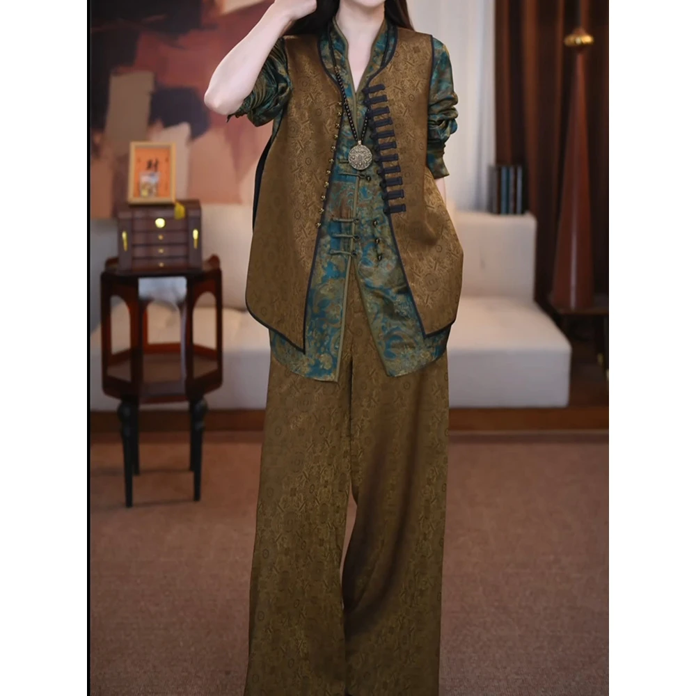 高级轻奢气质套装2025秋新时尚新中式百搭盘扣马甲+印花衬衫+长裤