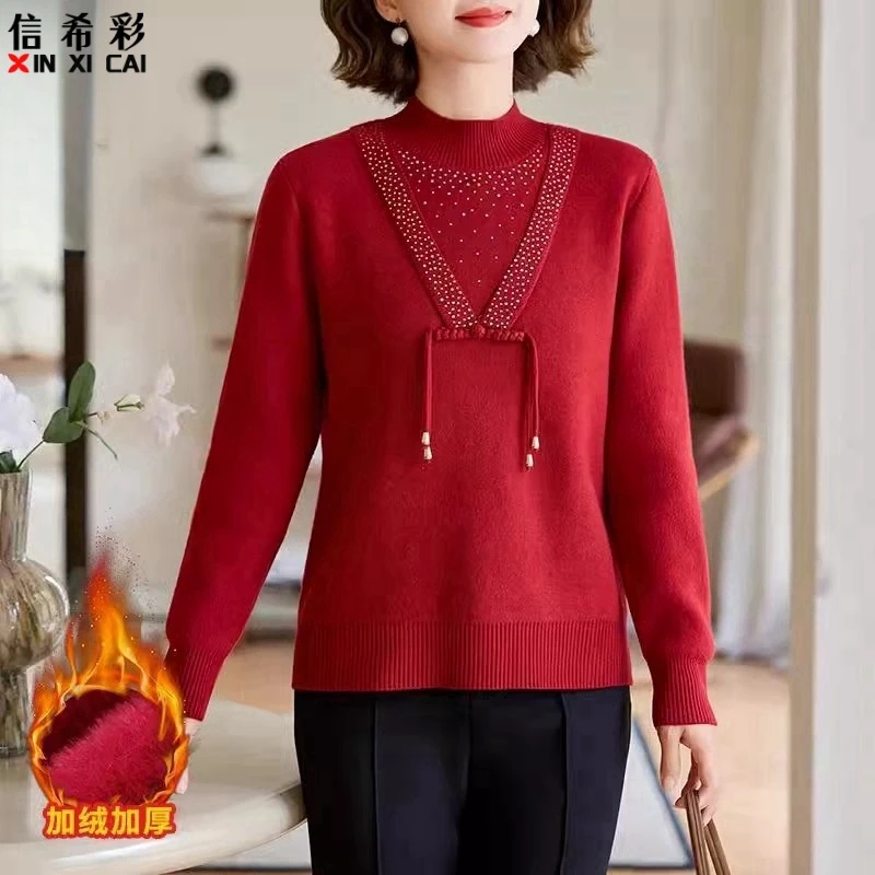 妈妈装红色本命年国风毛衣打底衫中老年冬装针织小衫女时尚中年人