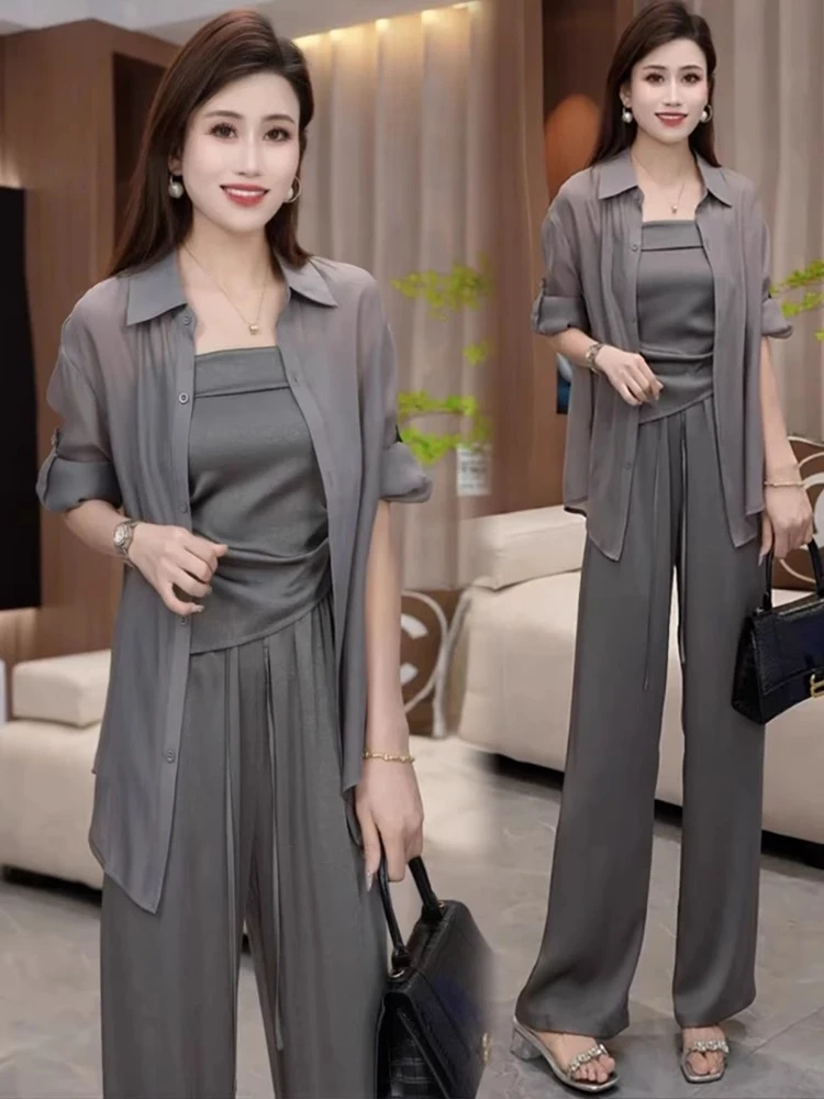 时尚套装女2025夏季新款洋气不规则抹胸吊带防晒开衫阔腿裤两件套