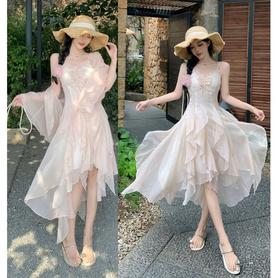 2025新款不规则荷叶边纱烫金珠光感仙女吊带裙+防晒开衫