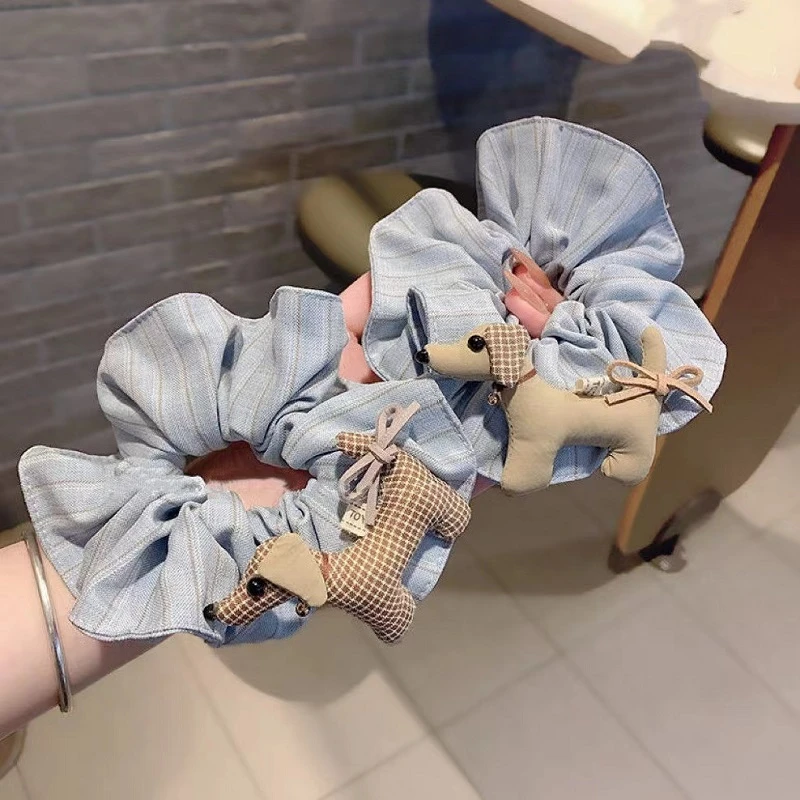 可爱小狗条纹大肠发圈韩系气质甜美蝴蝶结头绳百搭丸子头发绳头饰