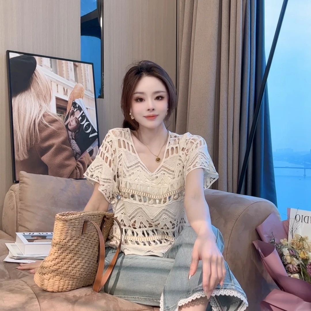 【晓溪服饰】春季新款镂空针织衫百搭拼接时尚短袖针织衫6136