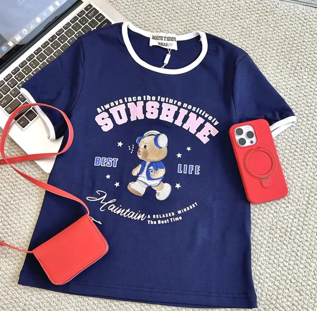 耳机泰迪熊韩系短袖重工刺绣T恤