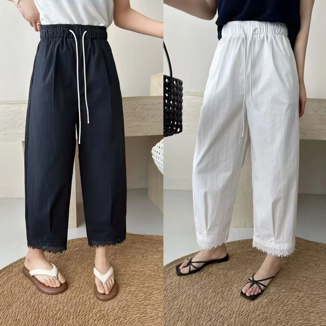 婷婷精选2店2925款欧货脚口拼蕾丝花边九分气球云朵裤休闲百搭