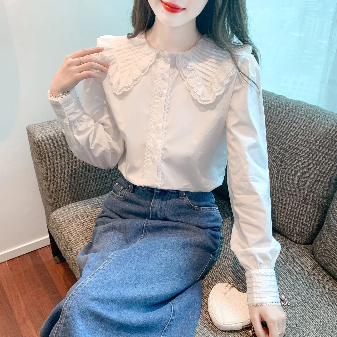 法式娃娃领长袖衬衫白色打底衫女2025春装时尚甜美蕾丝衫上衣衬衣