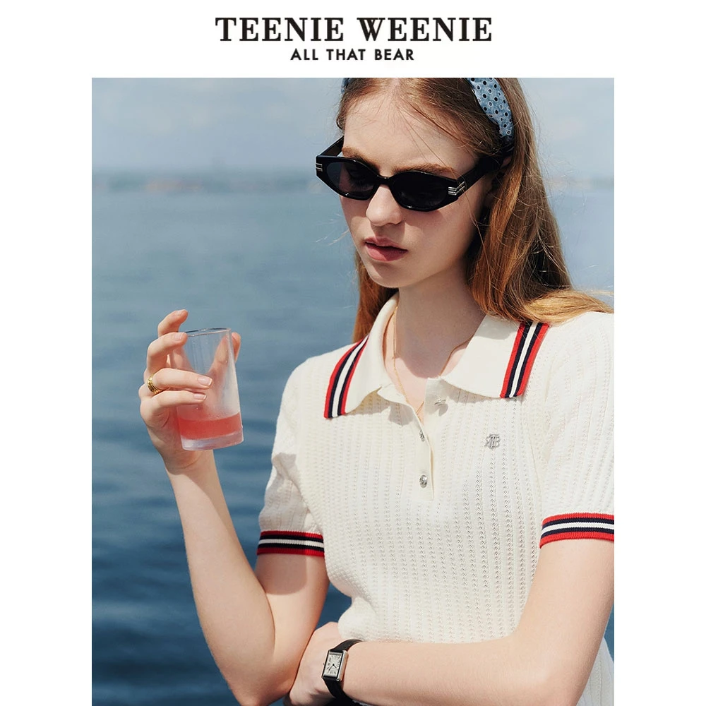 TeenieWeenie小熊女毛衣25撞色翻领棉丝混纺针织短袖TTKW252403W