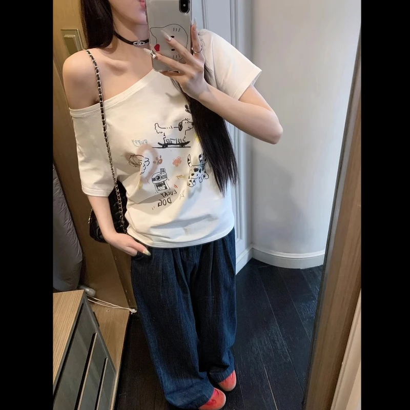 美式辣妹性感斜肩短袖t恤女韩版通勤时尚休闲白色印花上衣 80511