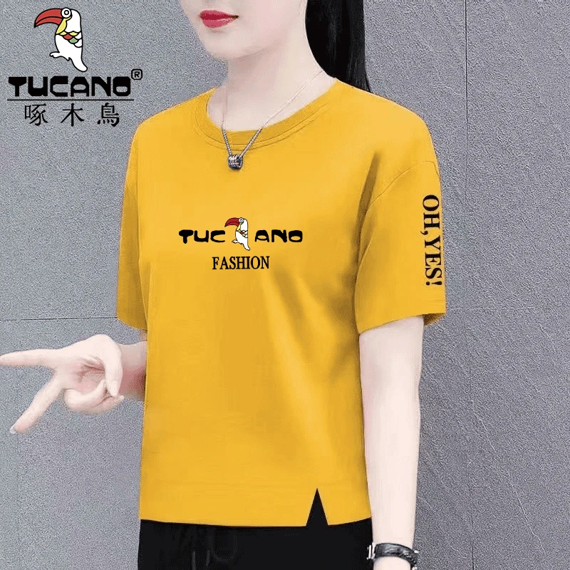 啄木鸟纯棉短袖t恤女夏季新款显瘦百搭宽松洋气减龄女士大码上衣