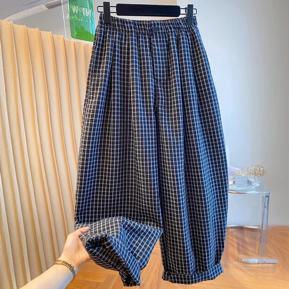 格子休闲哈伦阔腿裤女2025夏季薄款高腰宽松显瘦百搭九分气球裤子