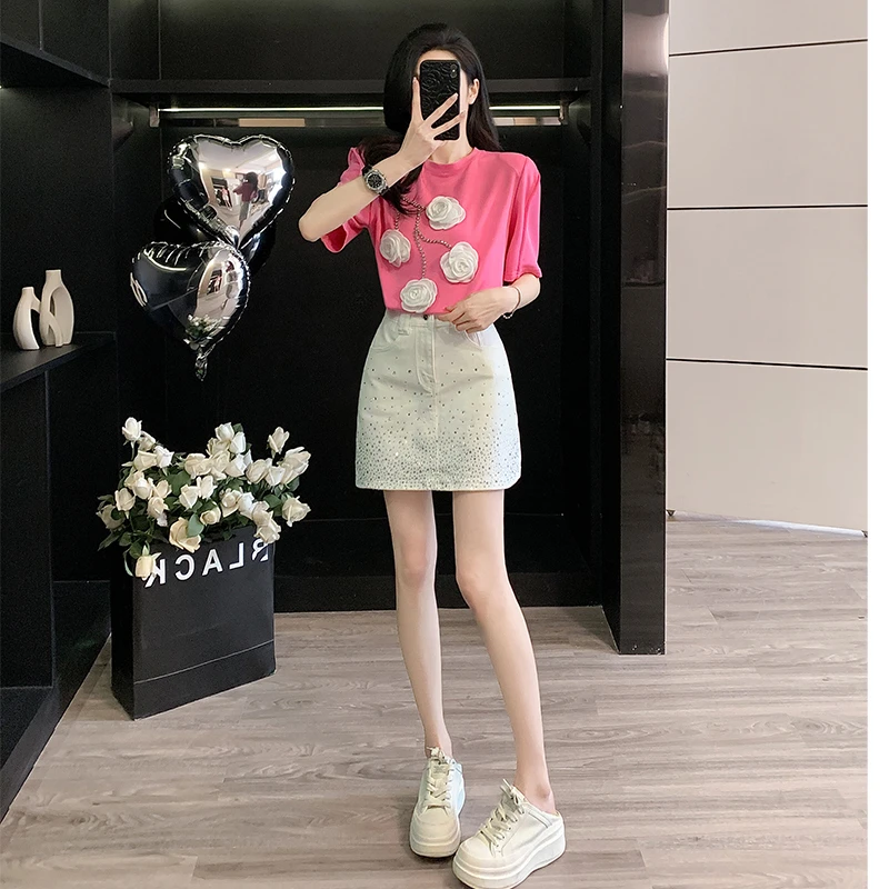 重工花朵圆领T恤显瘦纯色修身短袖上衣烫钻牛仔短裙a字包臀半身裙