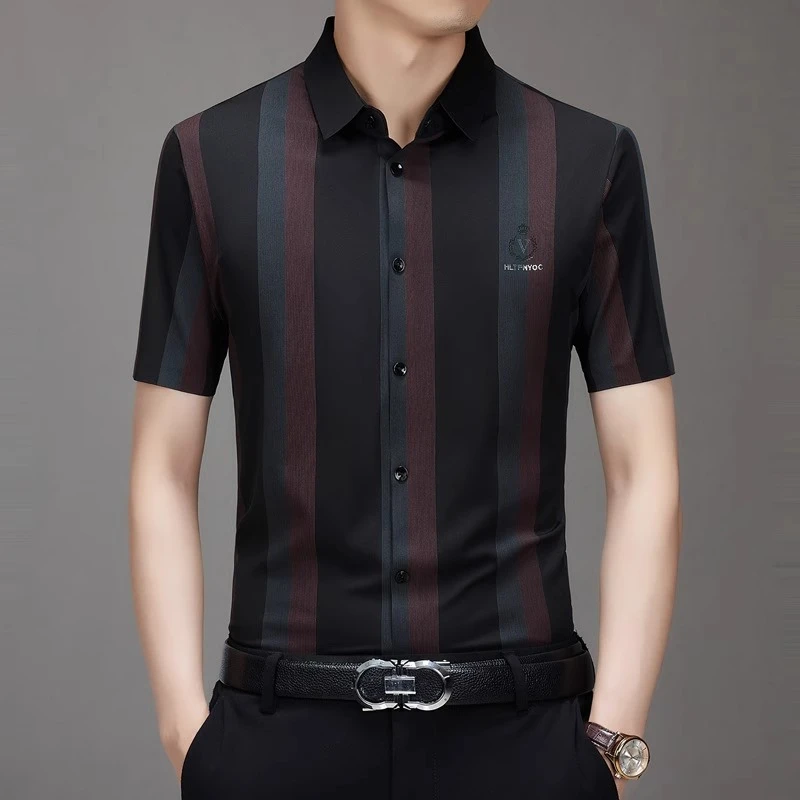 男士短袖衬衫夏季新款休闲显瘦无痕条纹衬衣免烫冰丝透职业寸衣男