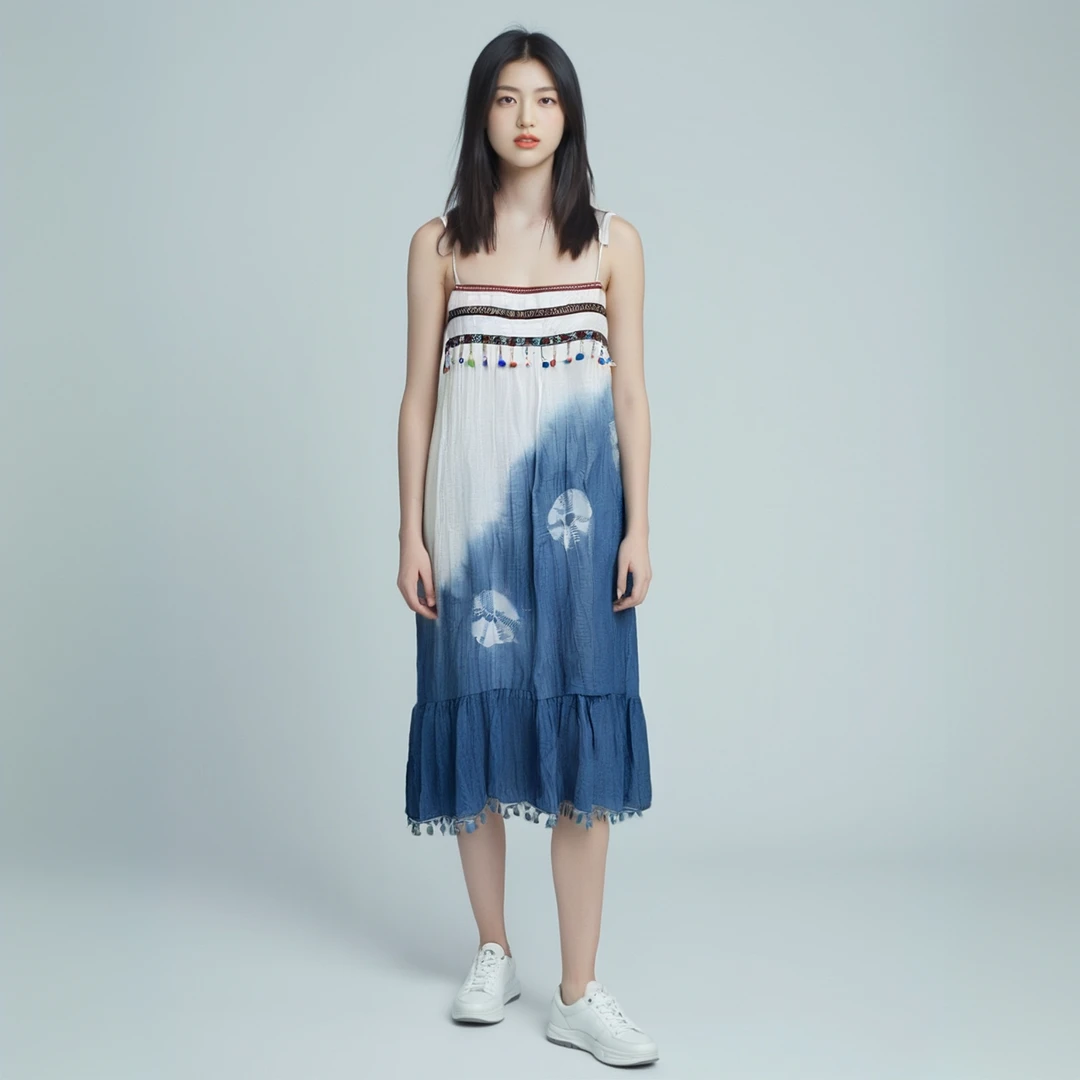 云南大理扎染吊带蓝色渐变连衣裙舞蹈服