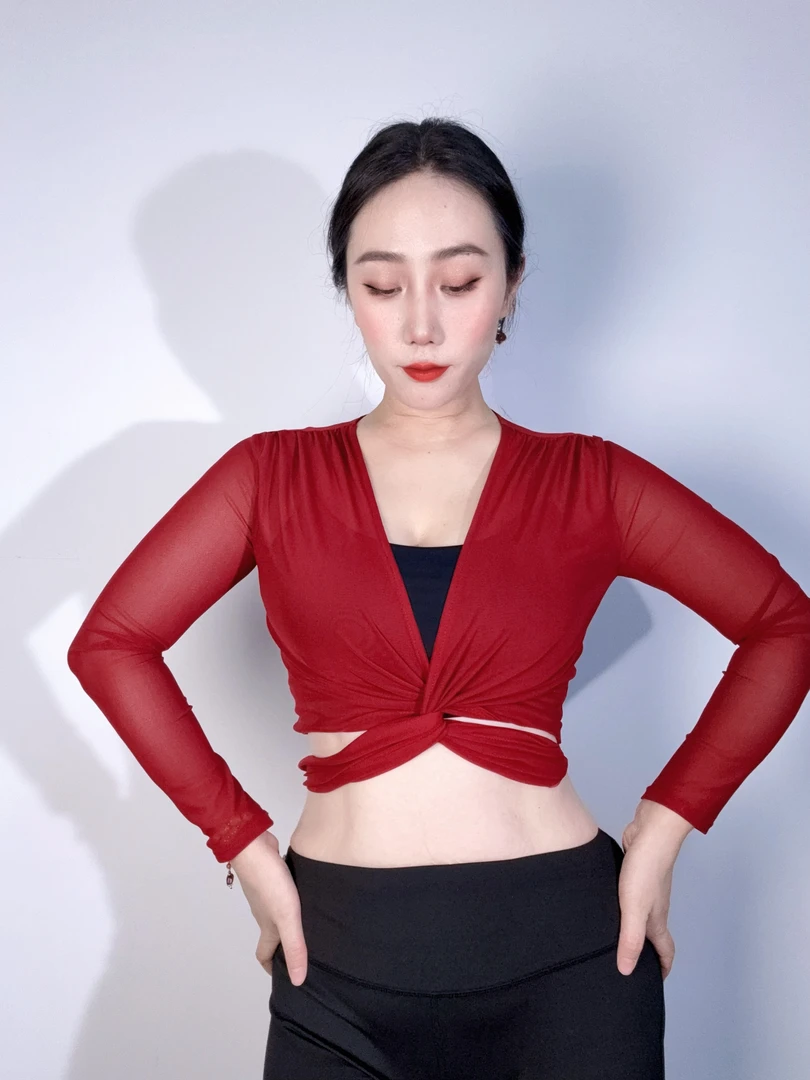 舞蹈上衣外搭网纱沐熙佳肚皮舞轻薄网纱练功服V领弗拉门戈小衫