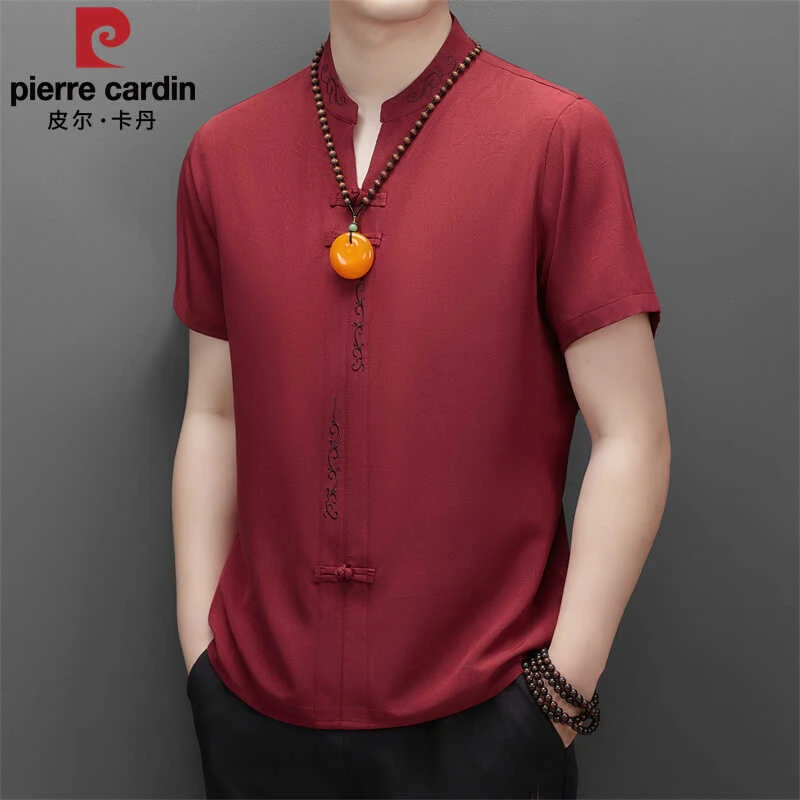 皮尔卡丹短袖唐装男夏季中式国风刺绣立领宽松盘扣中年爸爸装上衣