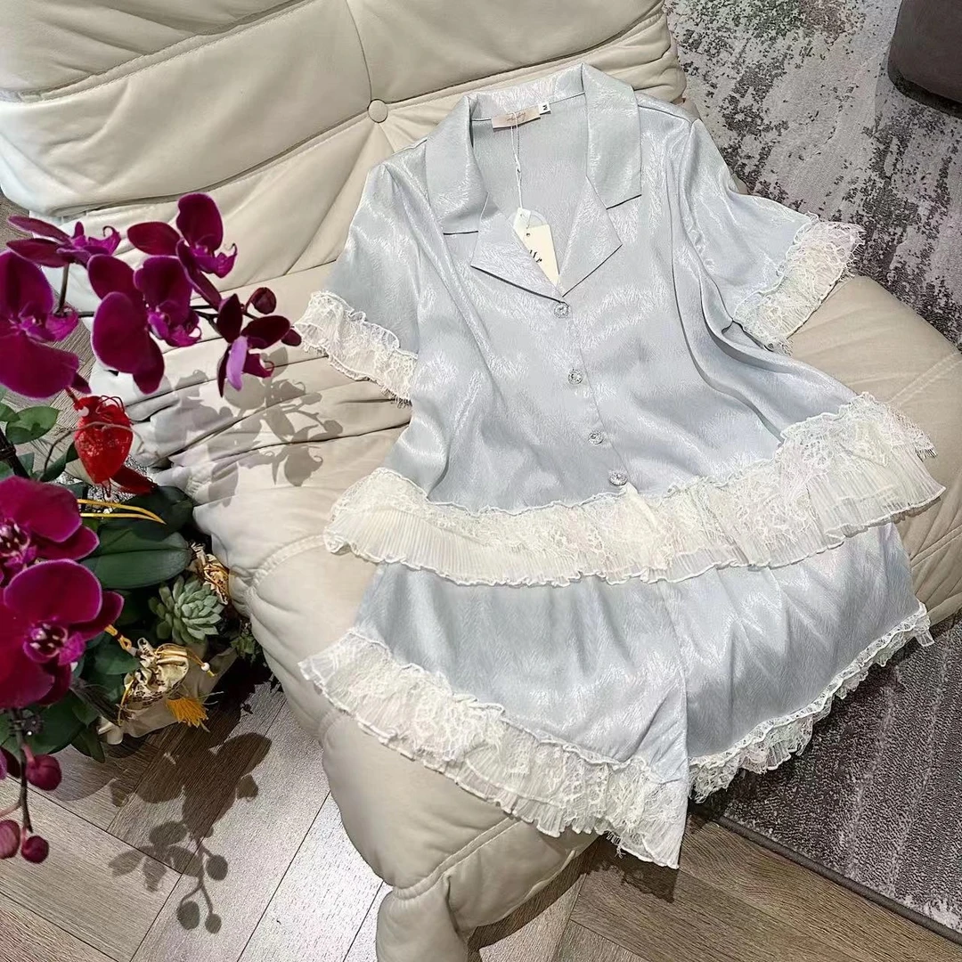 温柔姐姐~~冰丝睡衣女春夏长裤半袖两件套高级感轻奢花边袖家居服