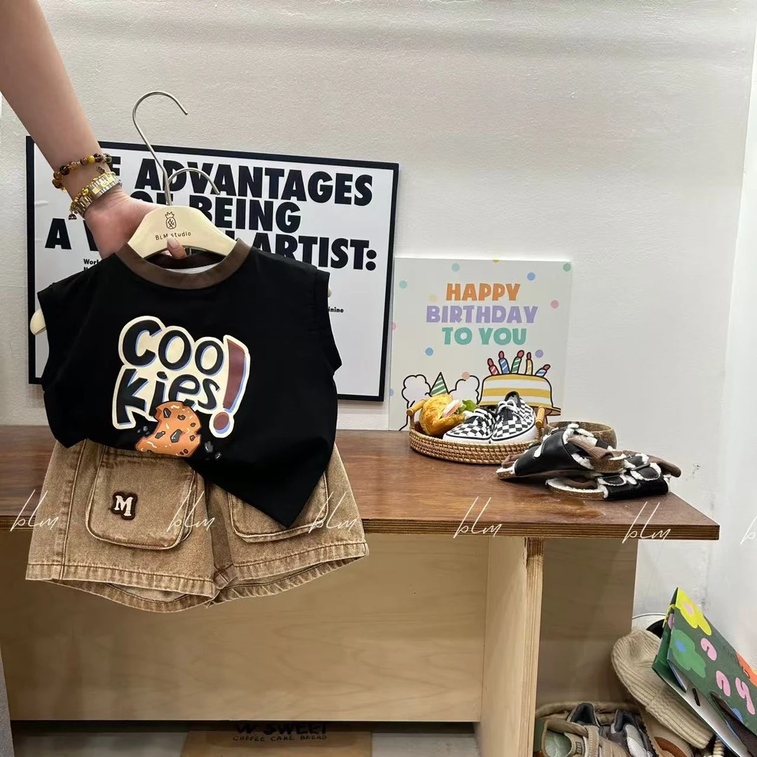 男童夏季套装2025新款儿童背心卡通宝宝夏装韩版牛仔短裤两件套