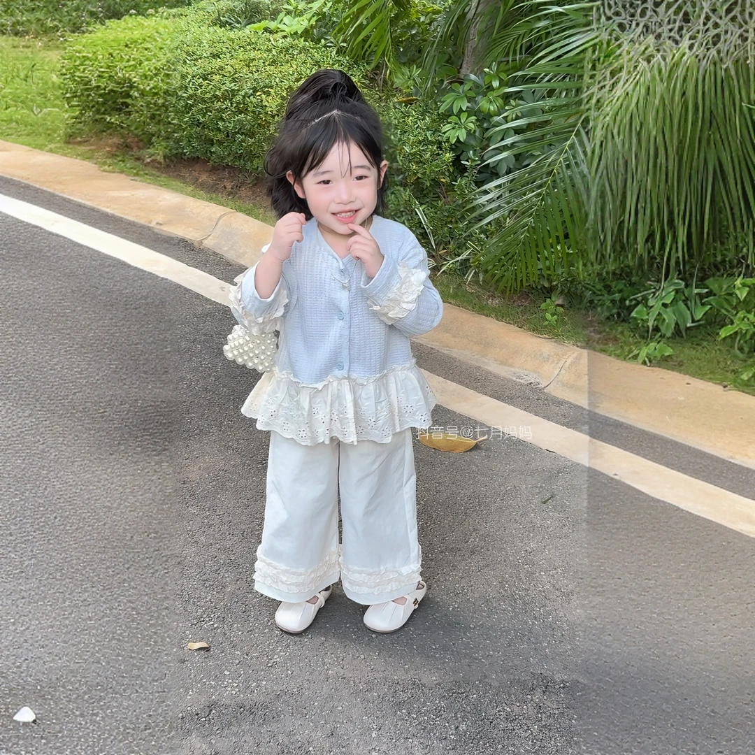 女童2025新款春季韩版洋气可爱小中童花边针织开衫套装