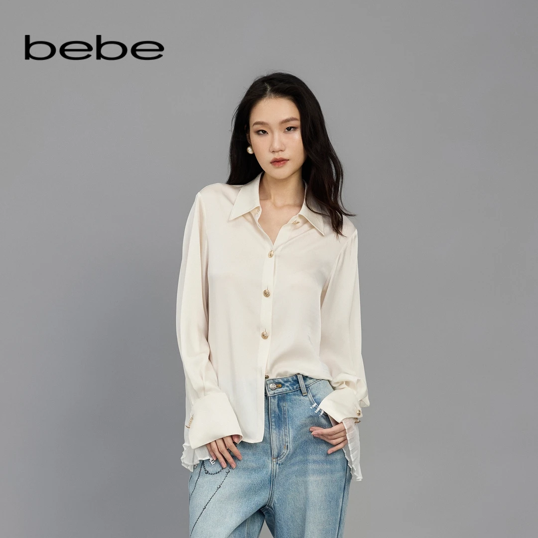 bebe2025春季新款女士气质长袖宽松雪纺压褶衬衫上衣160101