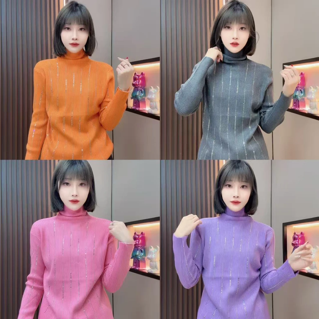 敏宝儿＋针织修身型烫钻纯色毛针织衫上衣高领时尚毛衫毛衣