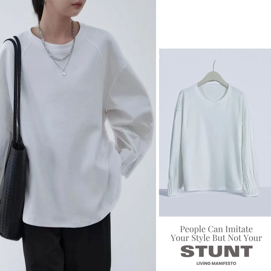 Oversize风松弛感圆领百褶长袖T恤1908