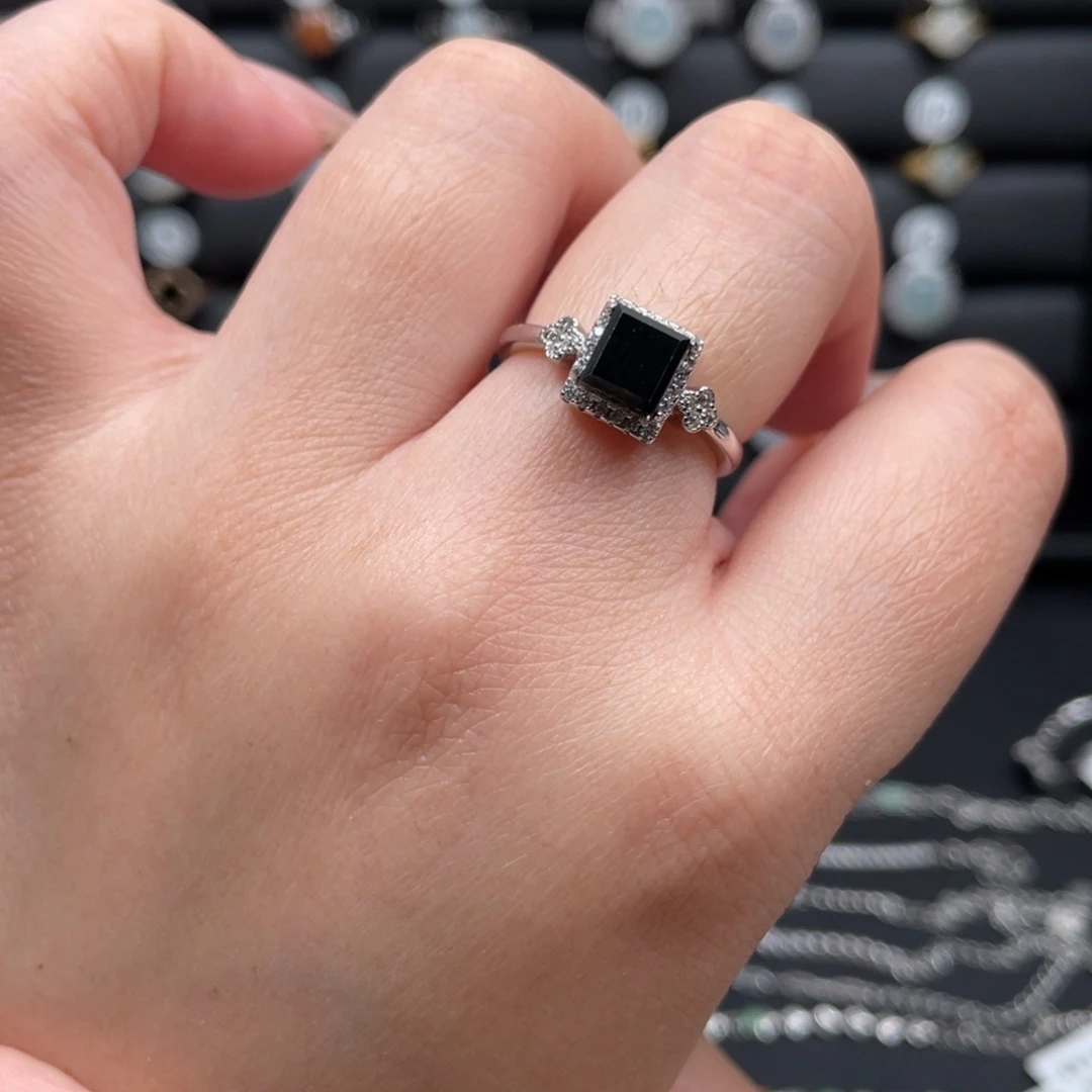 翡翠戒指银S925镶嵌Y**a墨翠方戒指