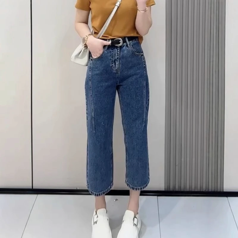 大码女装百搭复古显瘦直筒牛仔裤春季爆款弹力遮胯九分宽松阔腿裤