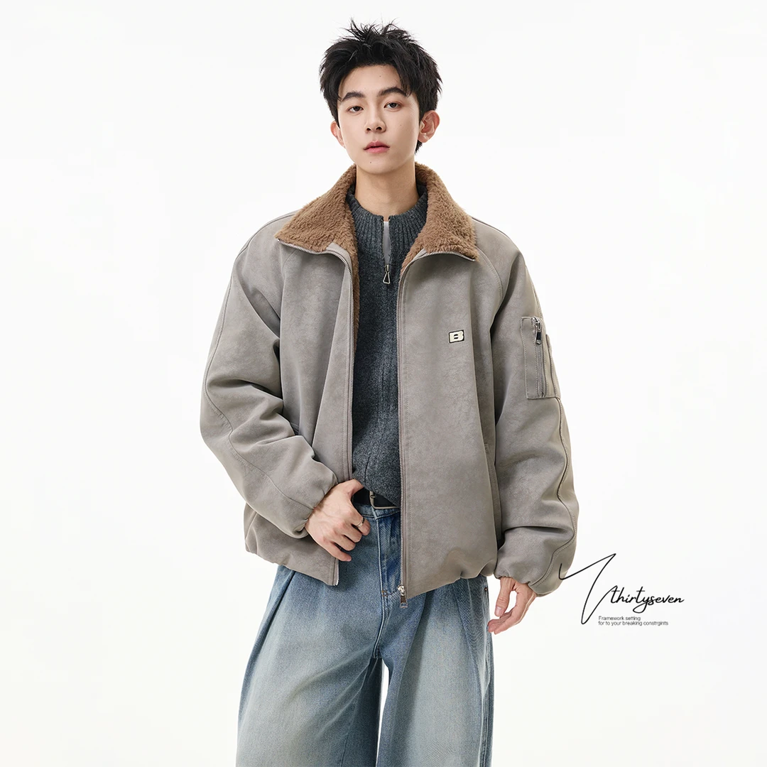 V37美式高街vintage灰色保暖棉服男款冬季潮牌痞帅工装风PU皮棉衣