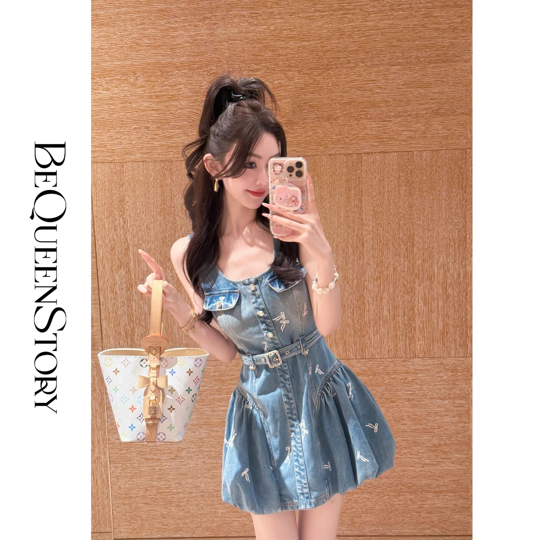 余潇潇【海盐甜心】俏皮100棉牛仔方领蝴蝶结刺绣蓬蓬连衣裙