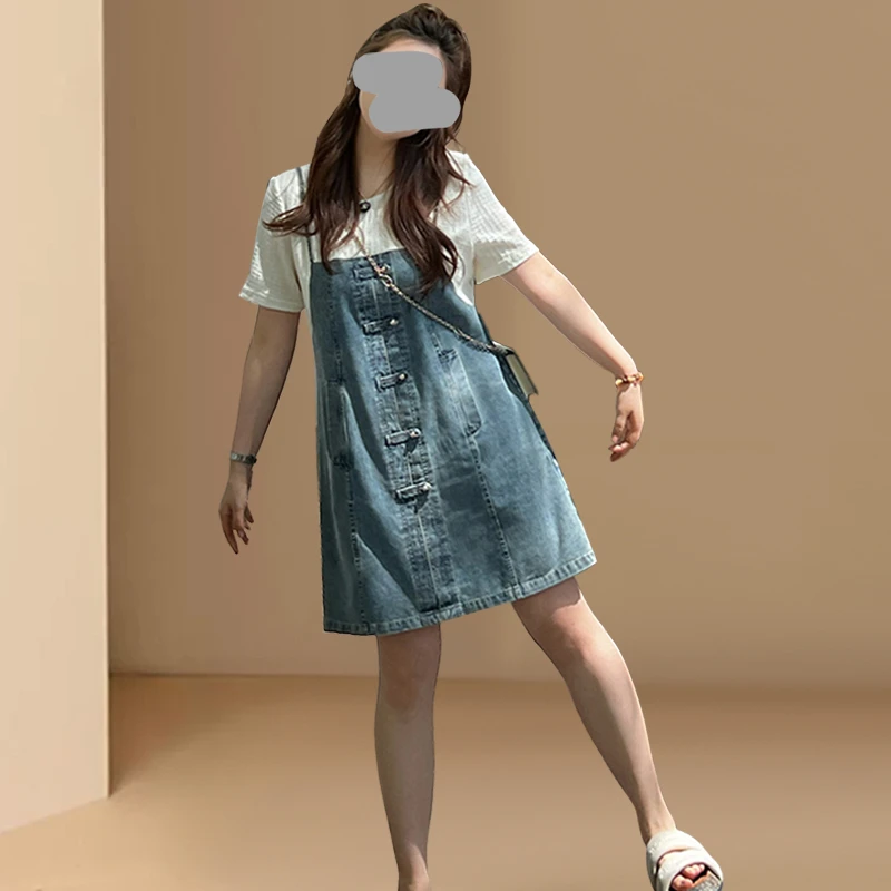 设计感拼接假两件牛仔连衣裙2025夏季大码女装胖mm遮胯显瘦短裙子