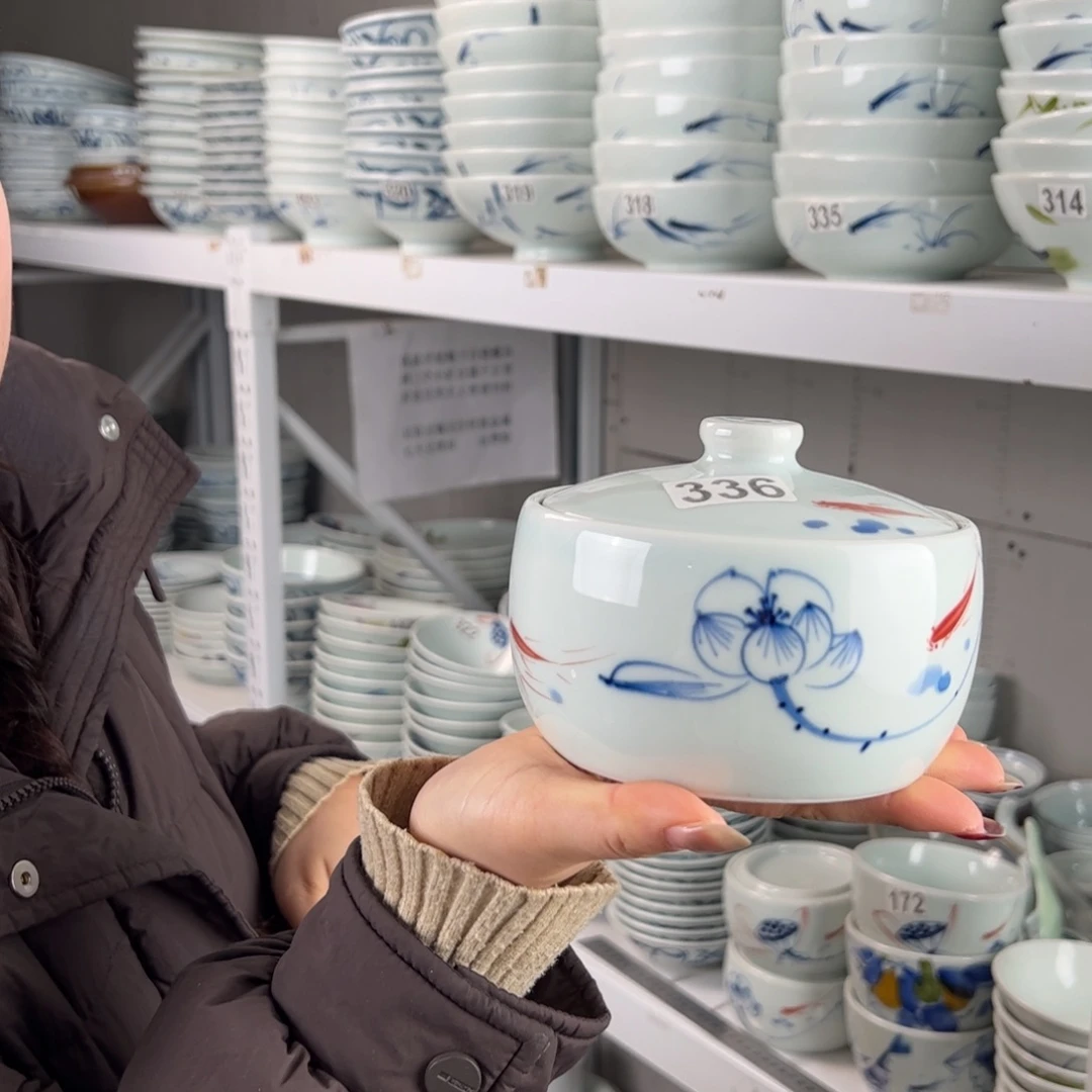 微瑕手绘5寸带盖炖盅（随机图案单只装）