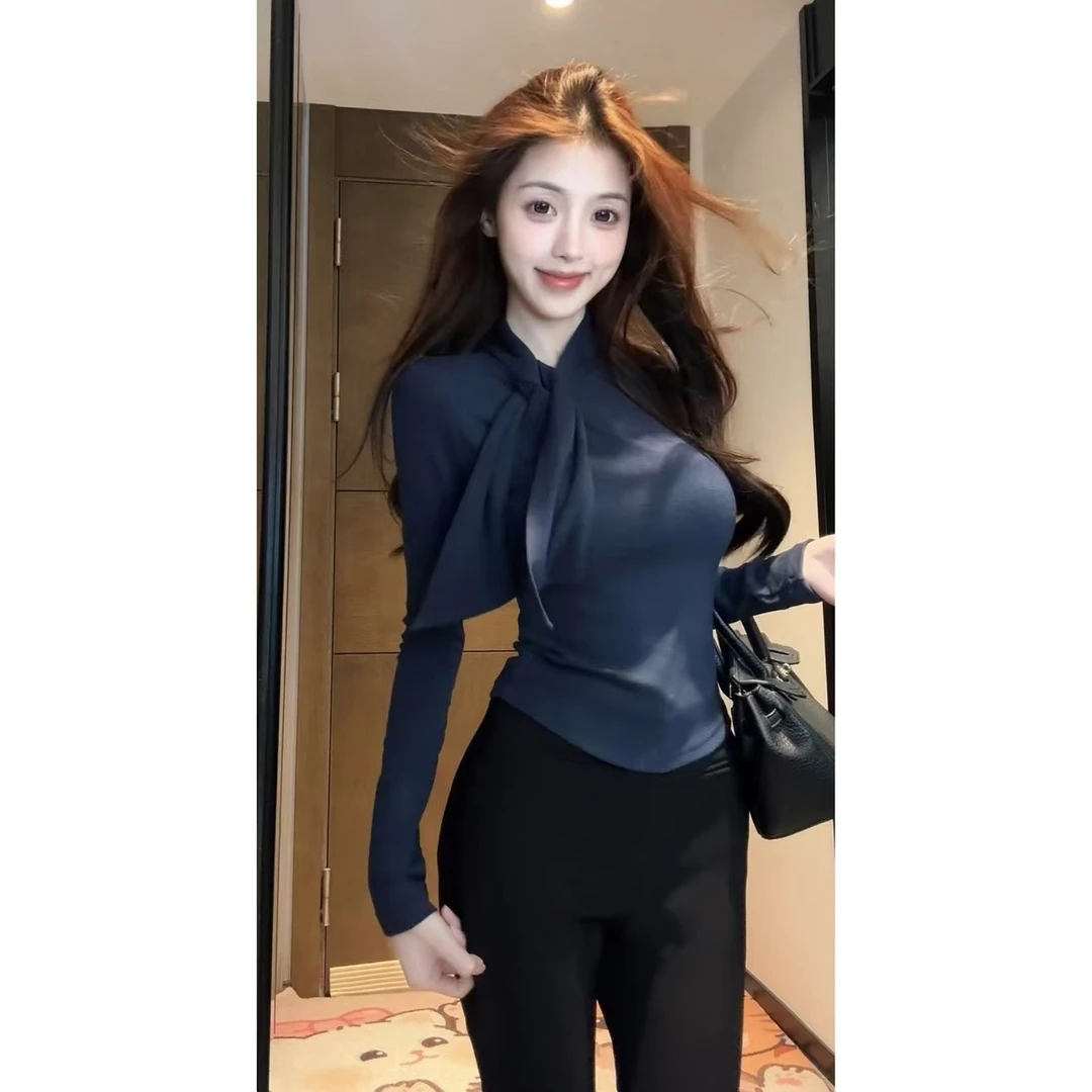 【XIAOBAWANG】设计感蝴蝶结绑带打底衫紧身显瘦T恤百搭长袖上衣T3