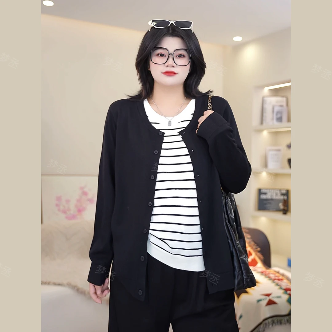 梦丞-冬季大码女装宽松显瘦遮肉圆领假两件条纹长袖针织开衫上衣