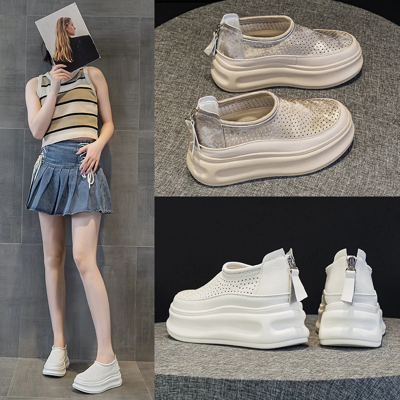 厚底板鞋女2025年春款网红百搭镂空透气爆款洞洞小个子休闲鞋圆头