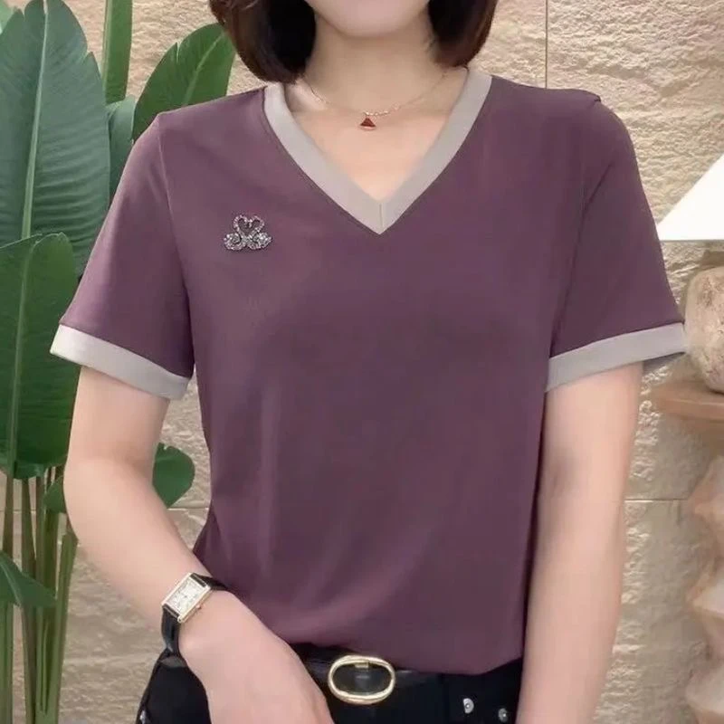 夏季新品v领撞色小天鹅短袖洋气女士上衣休闲薄款小衫