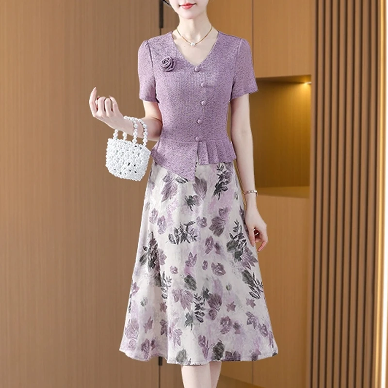 广州十三行2025新款爆款连衣裙女夏轻奢时尚贵夫人品牌假两件套装