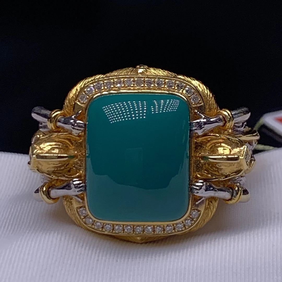 湖北十堰绿松石高瓷绿玉化料方戒指18K金镶嵌男士戒指