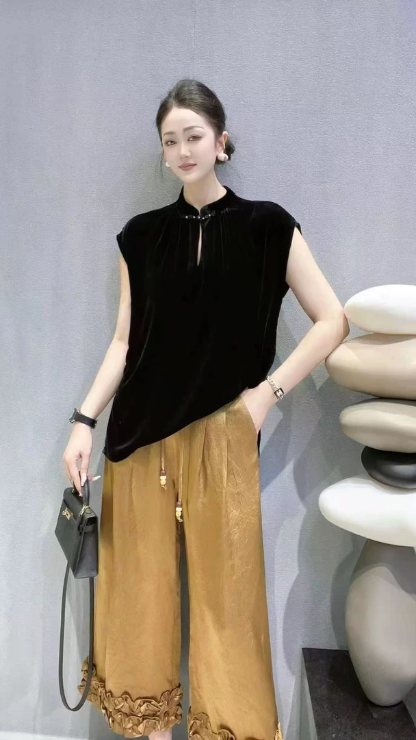 短袖不掉色轻职风中国风纯色T恤百搭复古无袖赫本风气质中式