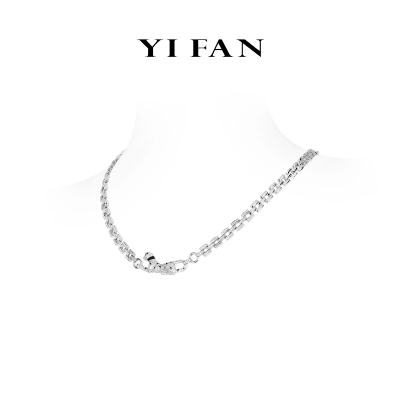 坠链均925银合成锆石 20596-白色满钻豹子环环相扣百搭项链