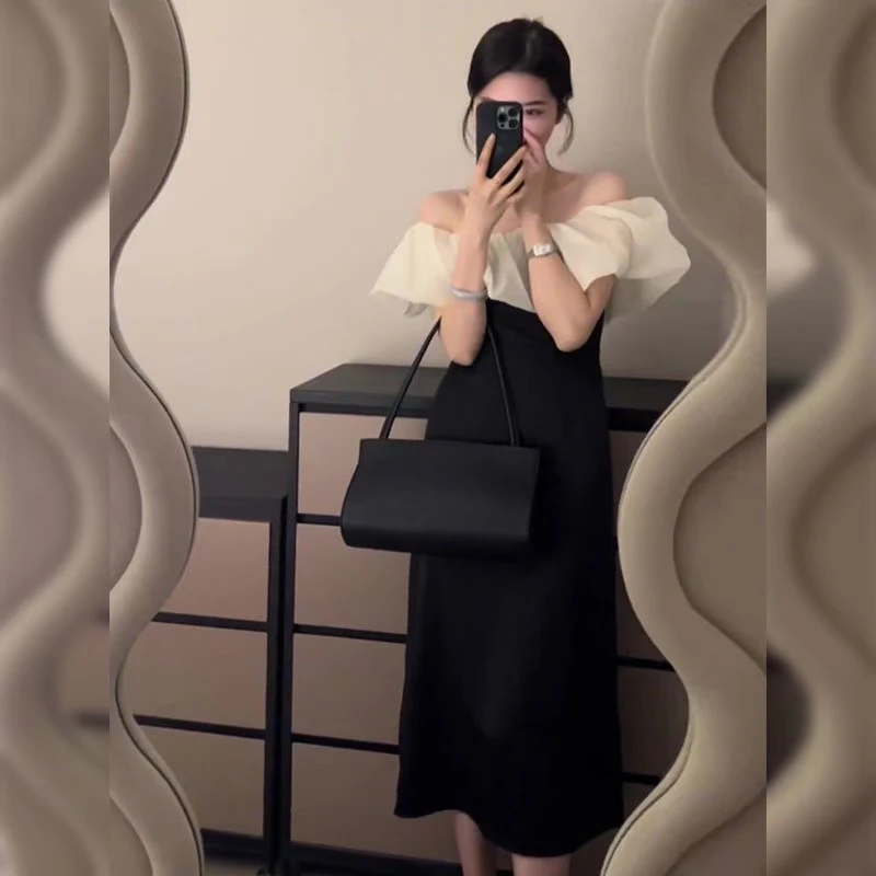 【长款】大码长裙法式名媛一字领露肩连衣裙荷叶边收腰小黑裙1847