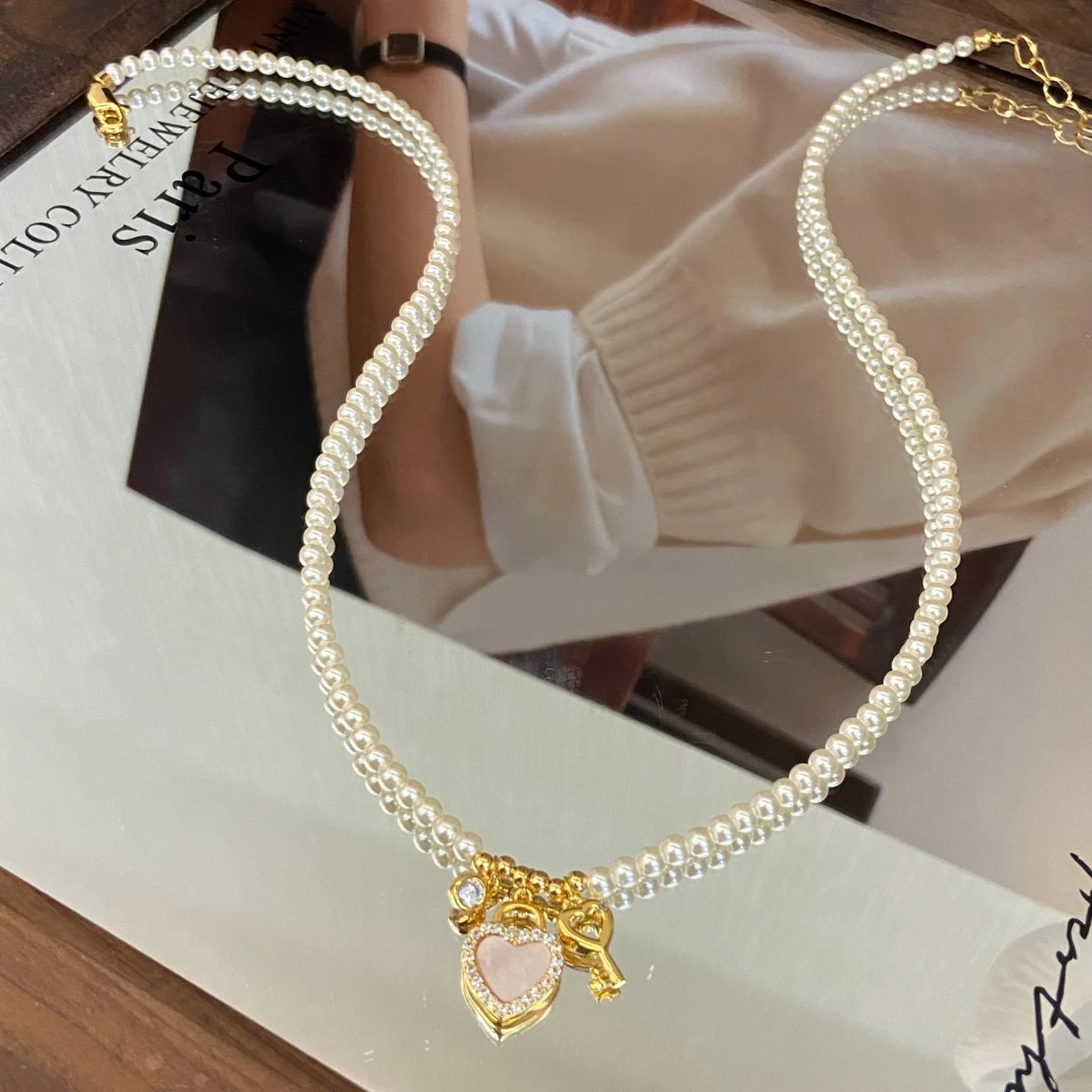 （T）镀K金 贝壳 爱心锁扣 中古珠珠高级感项链X7836