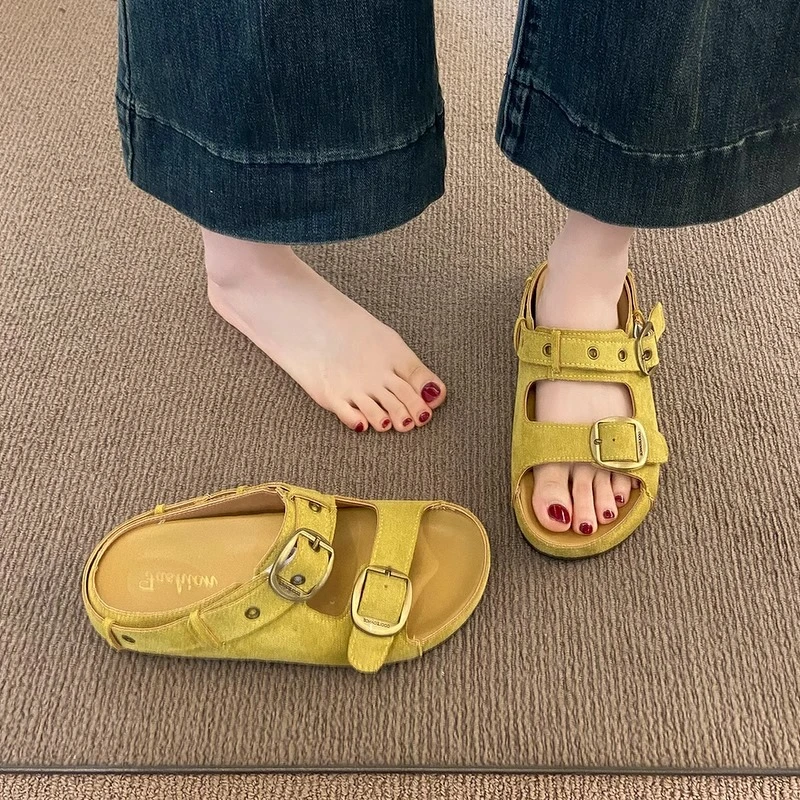 复古女鞋2025夏季新款勃肯凉鞋懒人套脚露趾透气一字拖外穿凉拖女