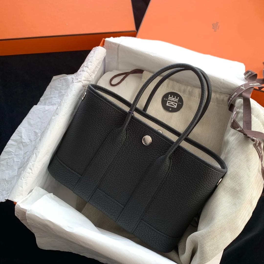 未使用 Hermes/爱马仕 黑银全皮mini花园包 k刻 23cm 19035743