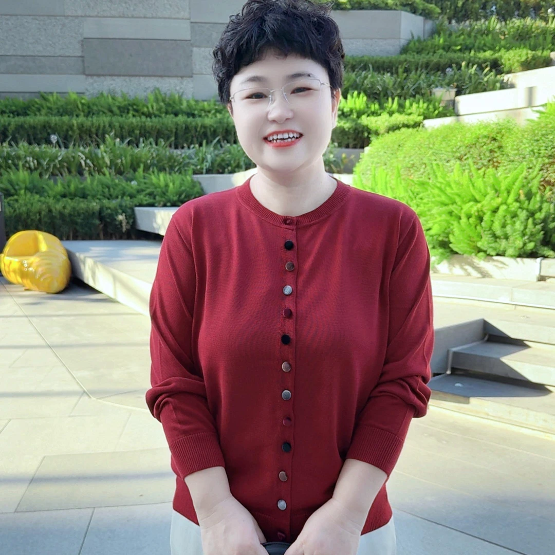 【彩扣开衫长袖】春秋圆领针织衫（2519）大码中老年宽松妈妈装纯色