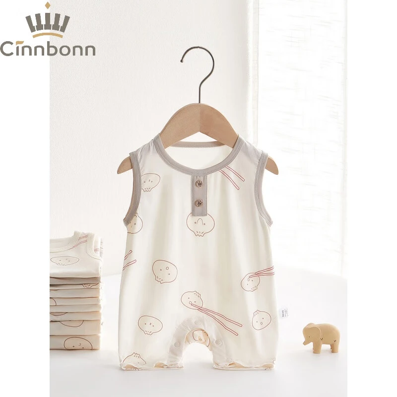婴儿连体衣夏季莫代尔薄款无袖透气宝宝空调爬爬服家居服哈衣
