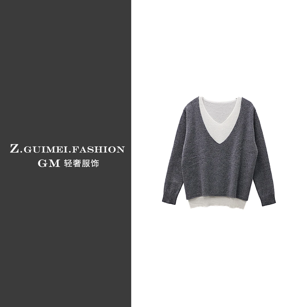 【肆姐高定】12针单股撞色假两件V领羊绒衫X3420